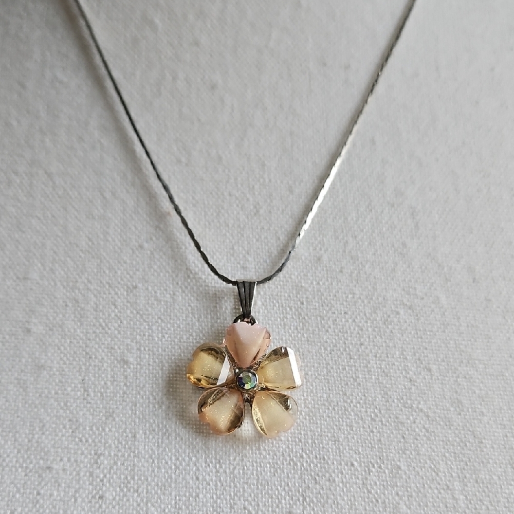 Flower Pendant Necklace Yellow & Pink Toned Petals And Sparkling Center Costume